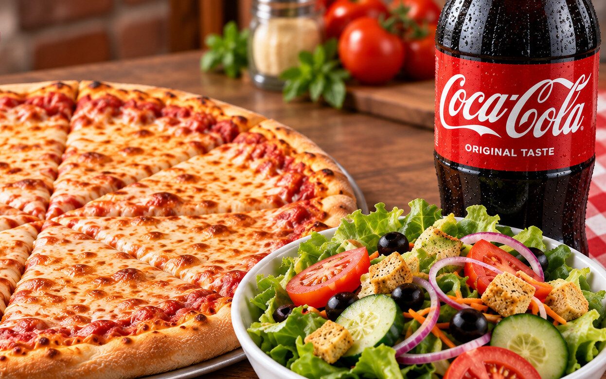 Large plain pizza, garden salad and soda