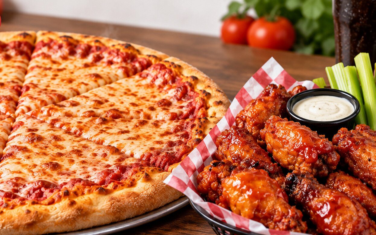 Large plain pizza with 10 wings
