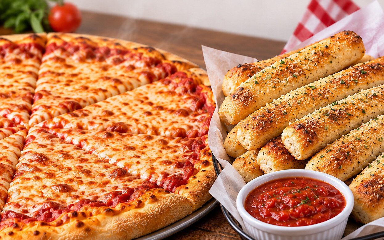 Large plain pizza with 10 breadsticks and marinara