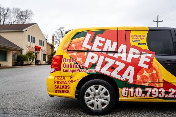 Lenape Pizza delivery van parked outside the shop on Lenape Road