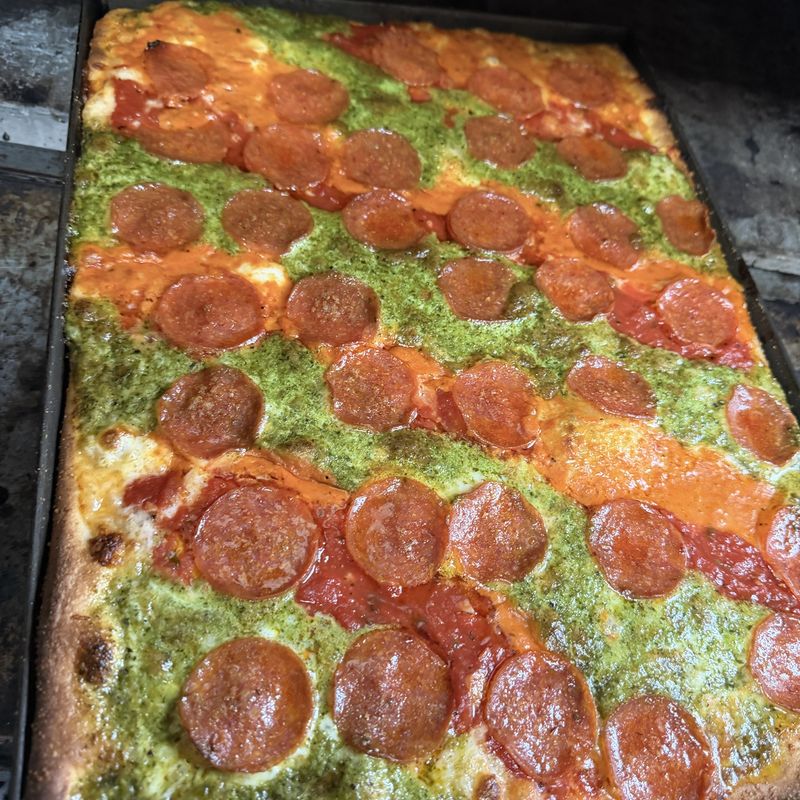 MVP Pepperoni square pie with pesto and pepperoni