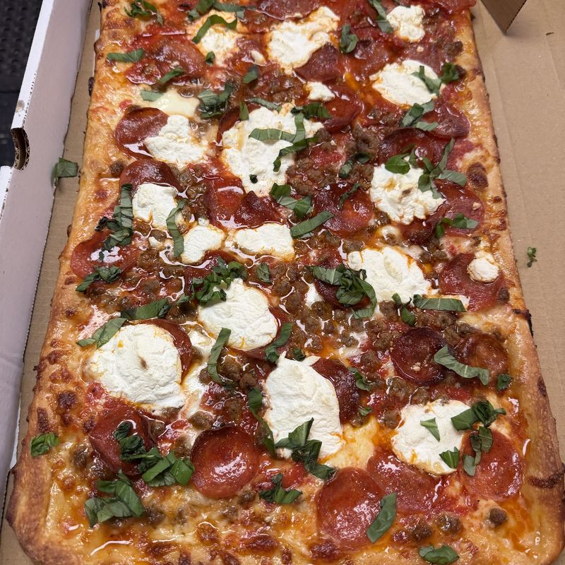 Lenape Hot Honey Grandma square pie with ricotta, sausage and pepperoni